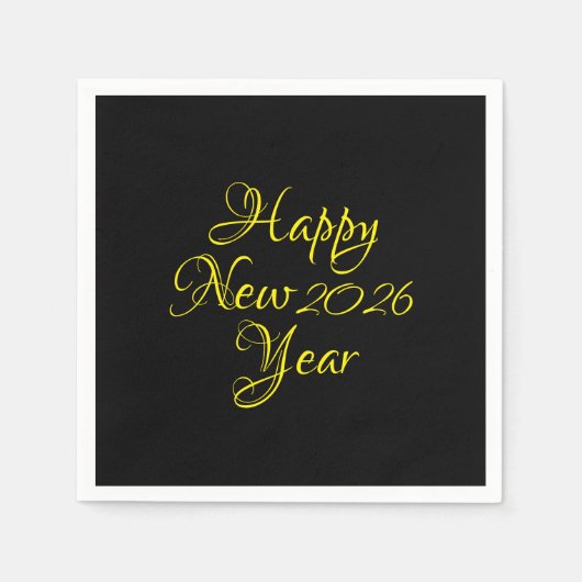 Serviette En Papier Bonne année 2026 Script noir et jaune (Devant)