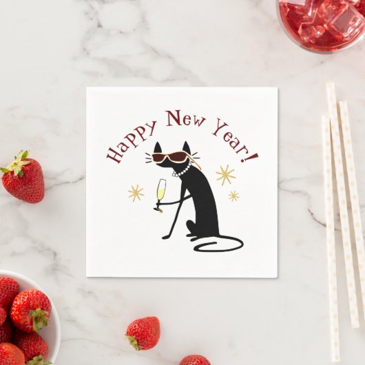 Serviette En Papier Bonne année Chat avec Champagne (En situation)