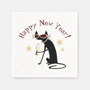 Serviette En Papier Bonne année Chat avec Champagne