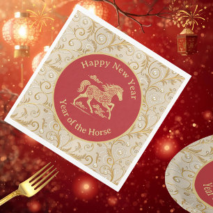 Serviette En Papier Bonne année chinoise du Cheval Élégant Or Rouge