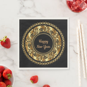 Serviette En Papier Bonne année, élégant noir et or,