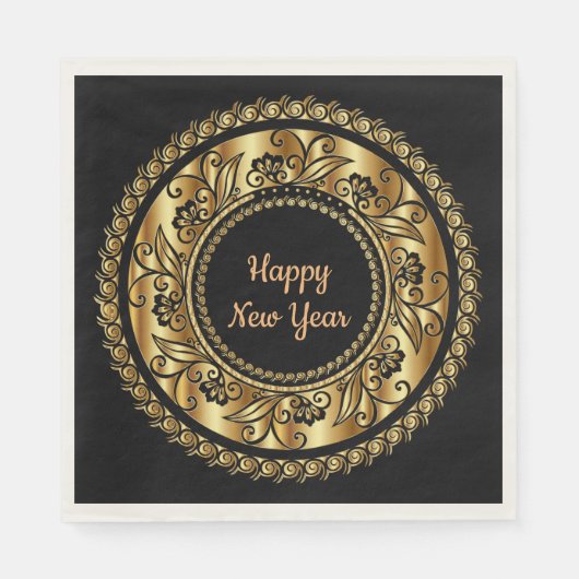 Serviette En Papier Bonne année, élégant noir et or, (Devant)