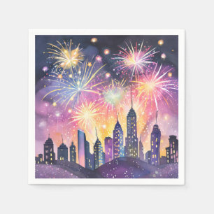 Serviette En Papier Bonne année Feux d'artifice Cité Nuit Aquarelle