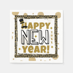 Serviette En Papier Bonne Année Imprimé Léopard Noir Or