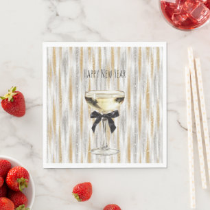 Serviette En Papier Bonne Année Noir Ruban Or Argent Champagne