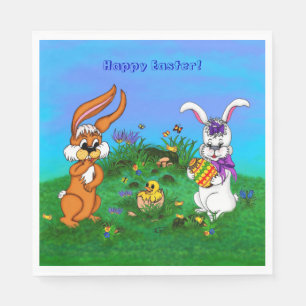 Serviette En Papier Bonne Pâques ! Lapin avec lapin et poussin