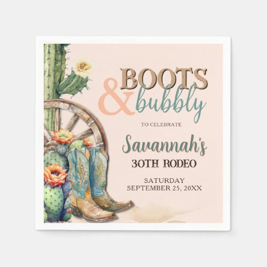 Serviette En Papier Boots et Bubbly Cowgirl Rodéo Cactus Anniversaire (Devant)