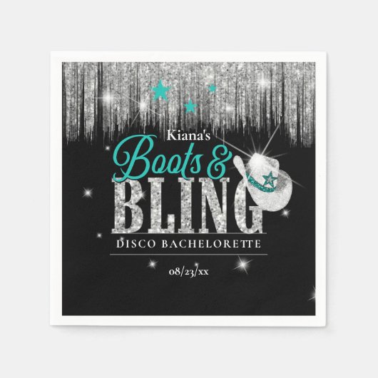 Serviette En Papier Boots 'n Bling Disco Bachelorette Teal ID925 (Devant)
