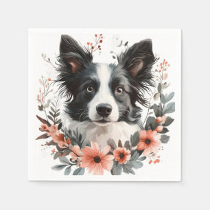 Serviette En Papier Bordure Collie Portrait avec cadre floral