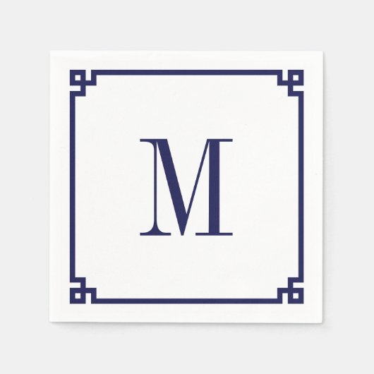Serviette En Papier Bordure de clé grecque Navy Monogramme (Devant)