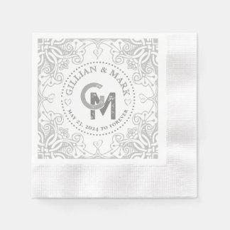 Serviette En Papier Bordure de coeur du Mariage d'argent monogramme