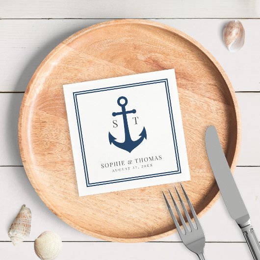 Serviette En Papier Bordure de couleur modifiable Monogramme Ancre Mar