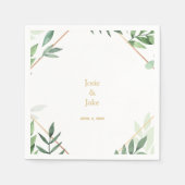 Serviette En Papier Bordure d'or, noms de Mariages feuille verts, réce (Devant)