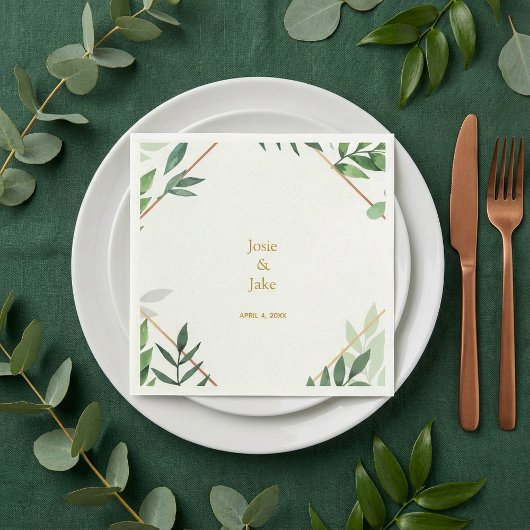 Serviette En Papier Bordure d'or, noms de Mariages feuille verts, réce