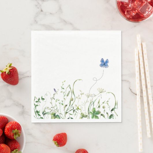 Serviette En Papier Bordure fleur sauvage avec papillon bleu (En situation)