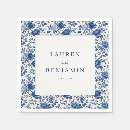 Serviette En Papier Bordure Florale Bleue Élégante (Devant)