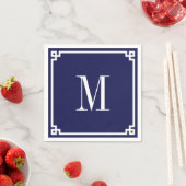 Serviette En Papier Bordure grecque Navy et Blanc Monogrammé (En situation)