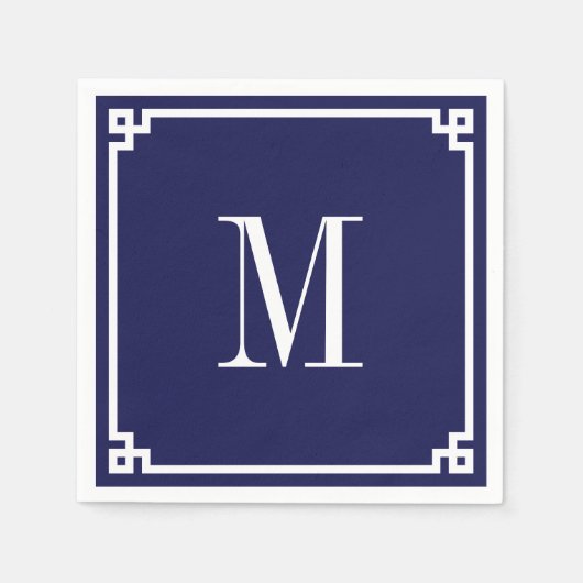 Serviette En Papier Bordure grecque Navy et Blanc Monogrammé (Devant)