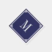 Serviette En Papier Bordure grecque Navy et Blanc Monogrammé (Coin)