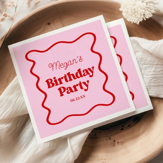 Serviette En Papier Bordure rouge rose vague fête d'anniversaire