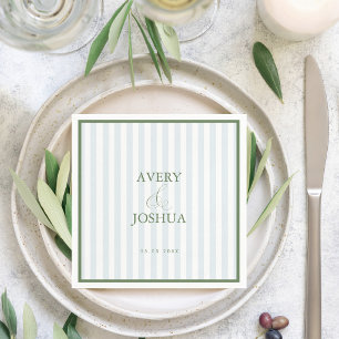 Serviette En Papier Bordure Vert Sauge & Rayures Bleues Mariage Intemp