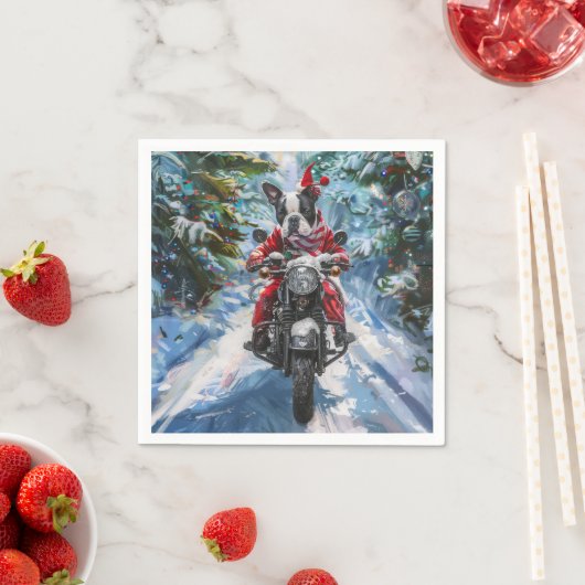 Serviette En Papier Boston Terrier Dog Riding Motorcycle Christmas (En situation)