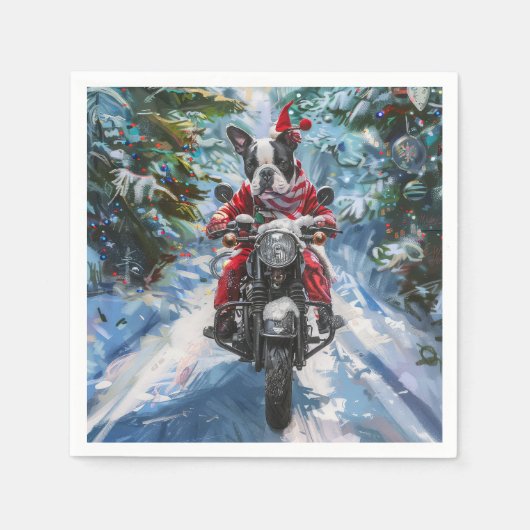Serviette En Papier Boston Terrier Dog Riding Motorcycle Christmas (Devant)