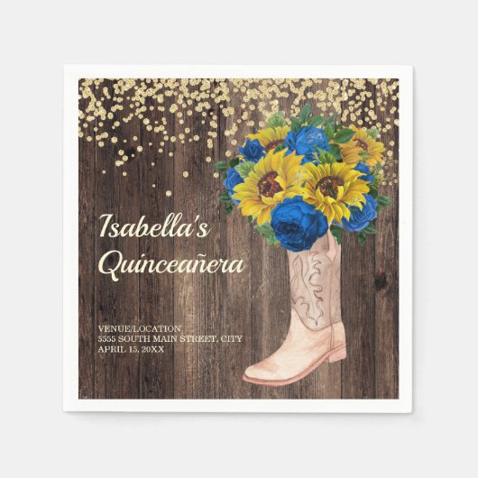 Serviette En Papier Bottes Roses Russe bleu tournesol Quinceañera (Devant)
