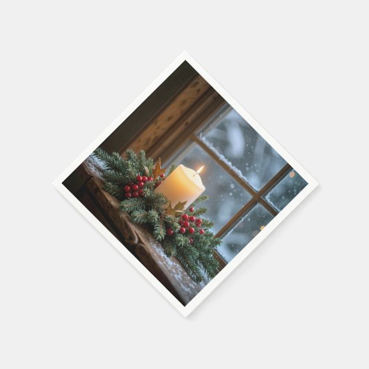 Serviette En Papier Bougie De Noël Dans La Fenêtre D'Hiver (Coin)