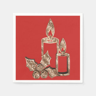 Serviette En Papier Bougie Élégante Noël Rouge Or Diamants Holly