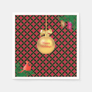 Serviette En Papier Boule de Noël, oiseau, cônes de pin sur Noir & Rou