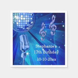 Serviette En Papier Boule disco bleue et microphone rétro pour 17e ann
