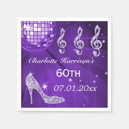 Serviette En Papier Boule Disco Violet et talons d'étincelle 60e (Devant)