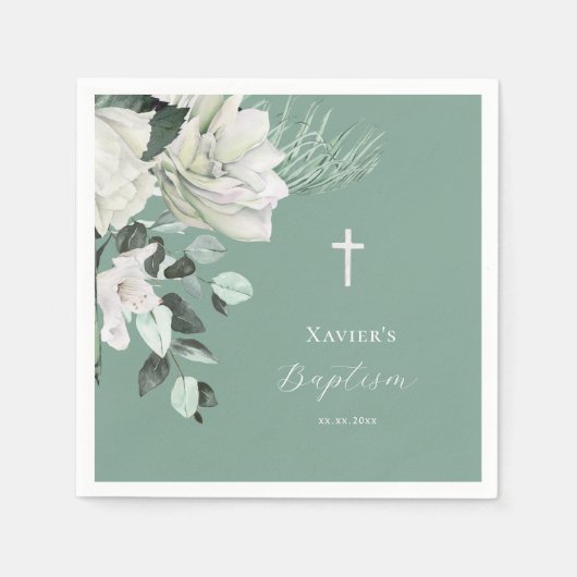 Serviette En Papier bouquet blanc vert Baptême (Devant)