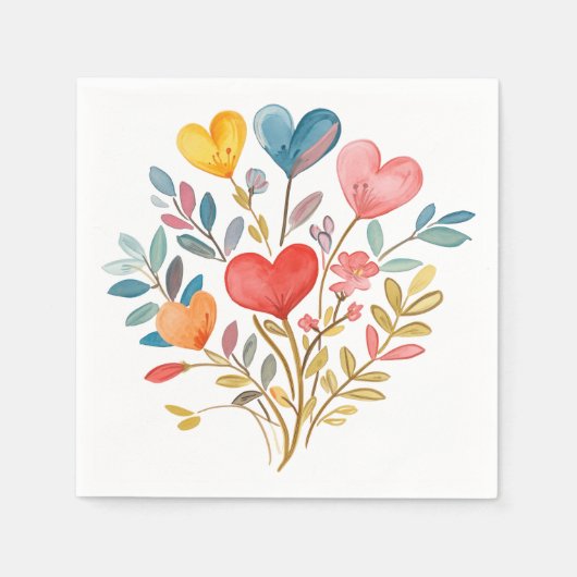Serviette En Papier Bouquet d'aquarelle avec coeurs et feuilles (Devant)