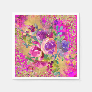 Serviette En Papier Bouquet de fleurs à l'aquarelle sur paillettes ros