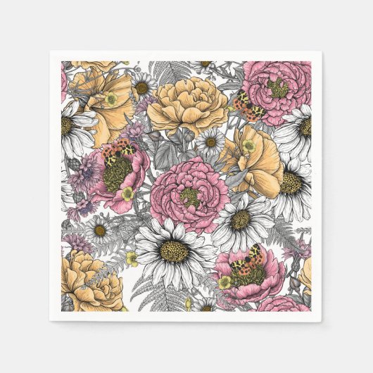Serviette En Papier Bouquet de fleurs - roses, pivoines, marguerites e (Devant)