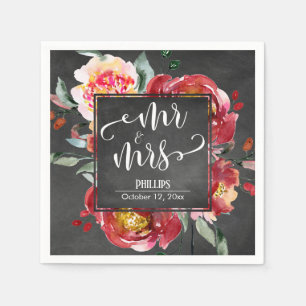 Serviette En Papier Bouquet de fleurs rouges Typographie Mr & Mrs Tabl
