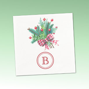 Serviette En Papier Bouquet de Noël initiales, rouge et vert, papier p