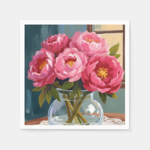 Serviette En Papier Bouquet de pivoines roses Peinture florale aquarel
