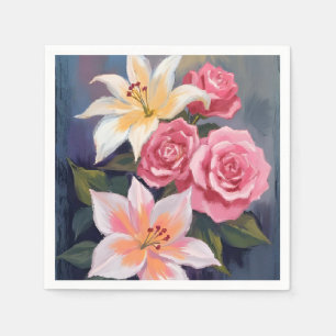 Serviette En Papier Bouquet de roses roses et lys blancs floral aquare