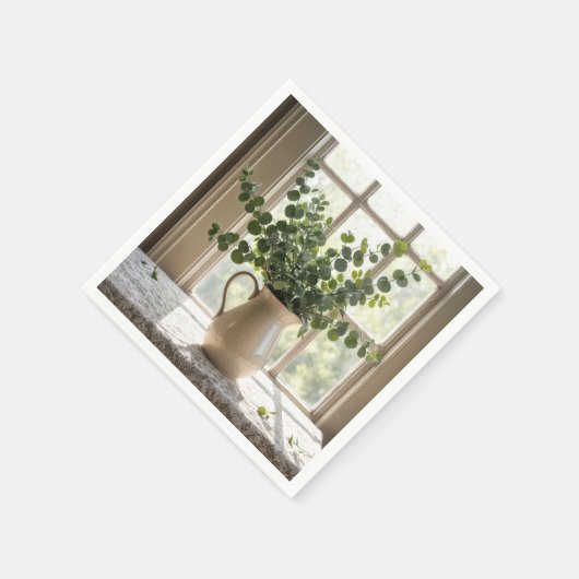 Serviette En Papier Bouquet Eucalyptus Sur Nappe De Dentelle (Coin)