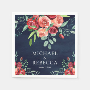Serviette En Papier Bouquet floral de roses rouges mariage bleu marine