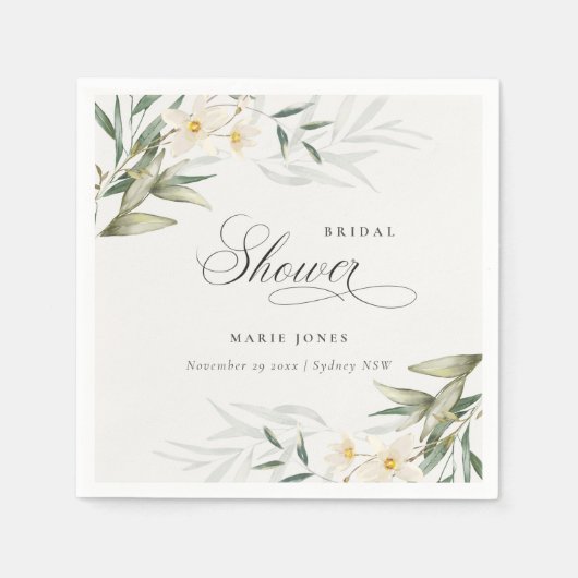 Serviette En Papier Bouquet Floral de Verdure Blanc Rustique pour Fête (Devant)