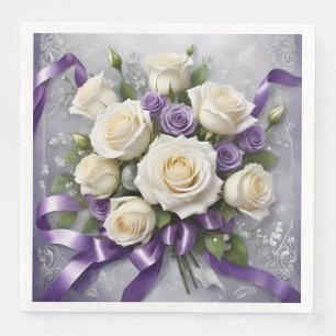 Serviette En Papier Bouquet rose blanc et lilas avec rubans lilas