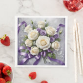 Serviette En Papier Bouquet rose blanc et lilas avec rubans lilas (En situation)