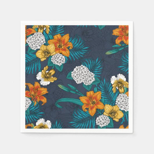 Serviette En Papier Bouquet tropical sur bleu (Devant)