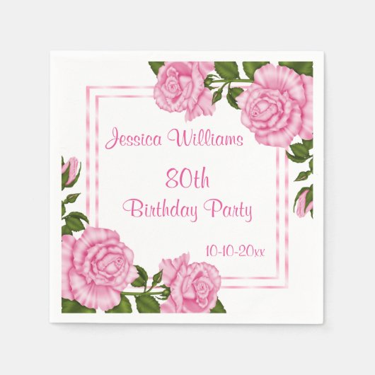 Serviette En Papier Bouquets d'angle rose joli 80 ans (Devant)
