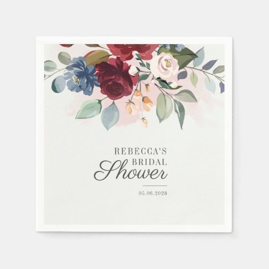 Serviette En Papier Bourgogne aquarelle florale Fête de mariage Fleurs (Devant)