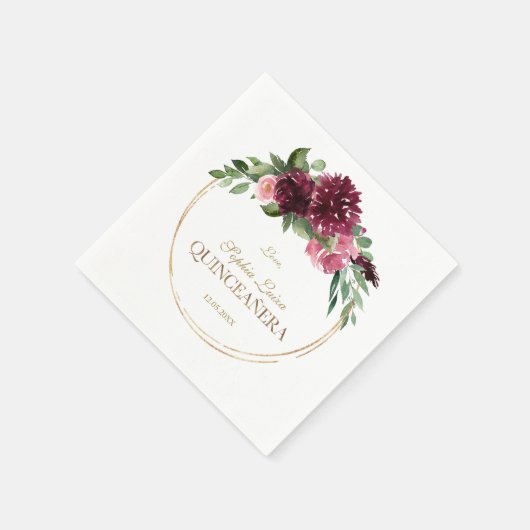 Serviette En Papier Bourgogne Blush Floral Mis Quince Quinceañera (Coin)